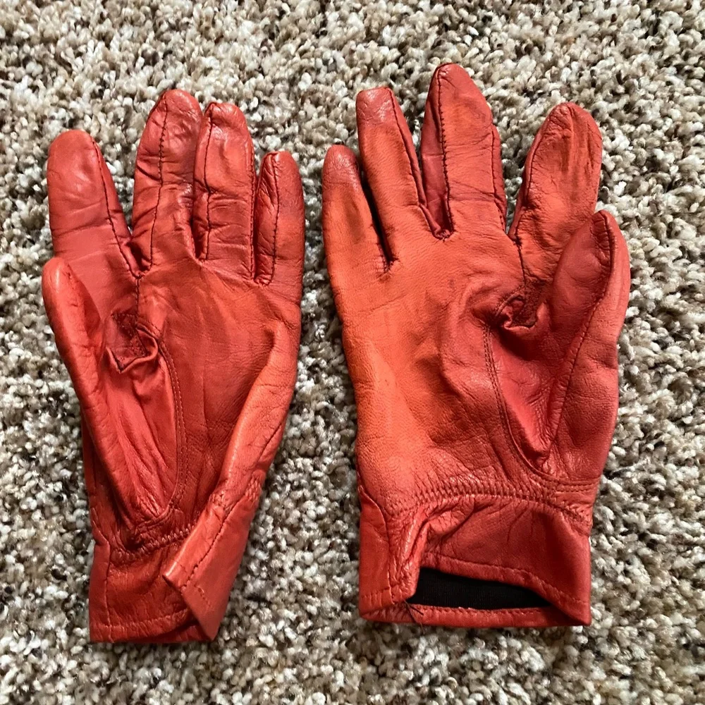 lamb skin Leather gloves Coral Red Elastic Cuff Women's Size S